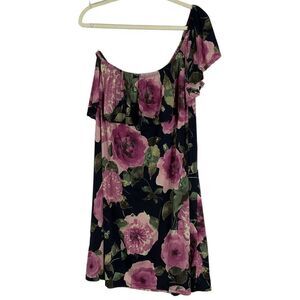 Floral One-Shoulder Dress, Size 3XL, 96% Poly 4% Spandex, Pink Roses on Black